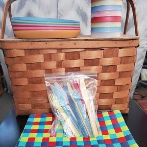 Vintage wooden picnic basket w/ place settings